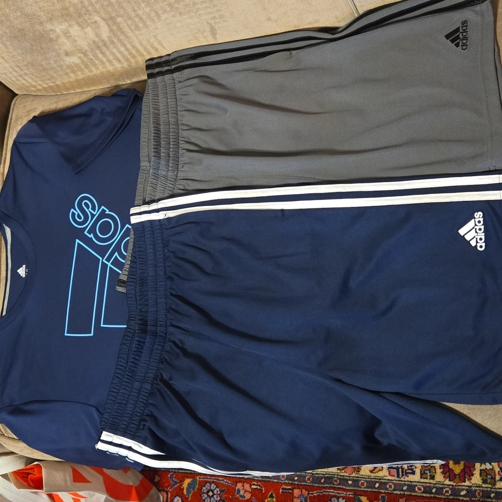 ADIDAS Boys 3 Piece Bundle Gray Blue Athletic Shorts Tee Shirt Size XL